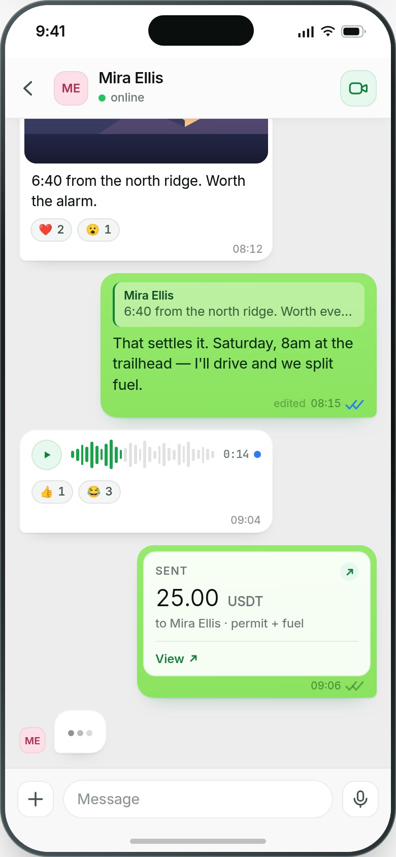 A Zooid conversation with a photo, emoji reactions, a voice note and a payment sent in the thread.