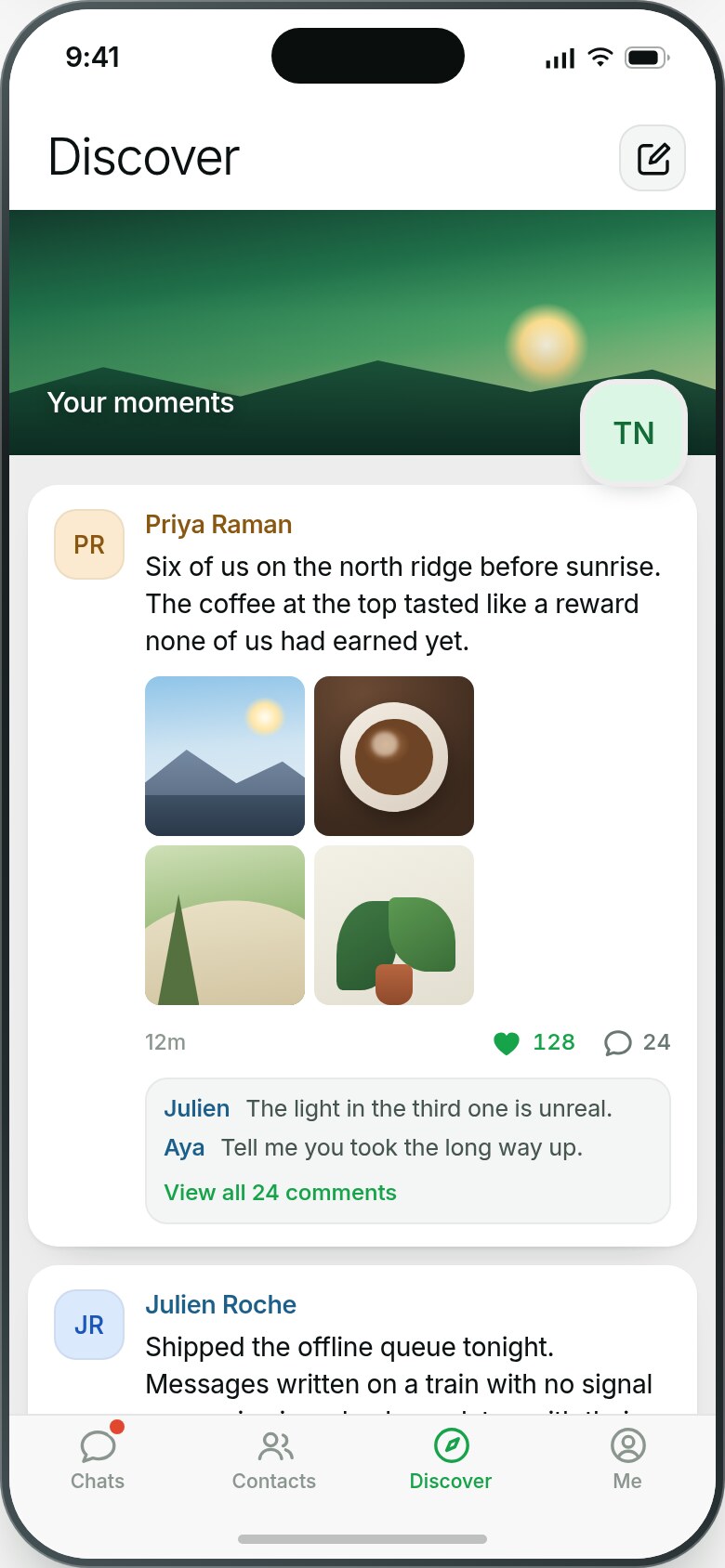 The Zooid Discover feed: public posts with photos, likes and comments.