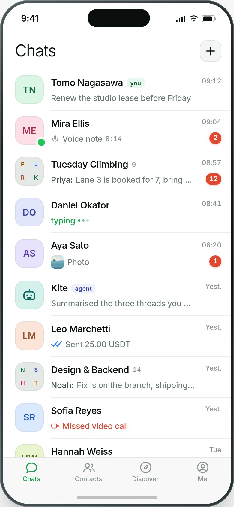The Zooid Chats list: direct messages, groups, a voice note, an agent and a payment, with unread counts.