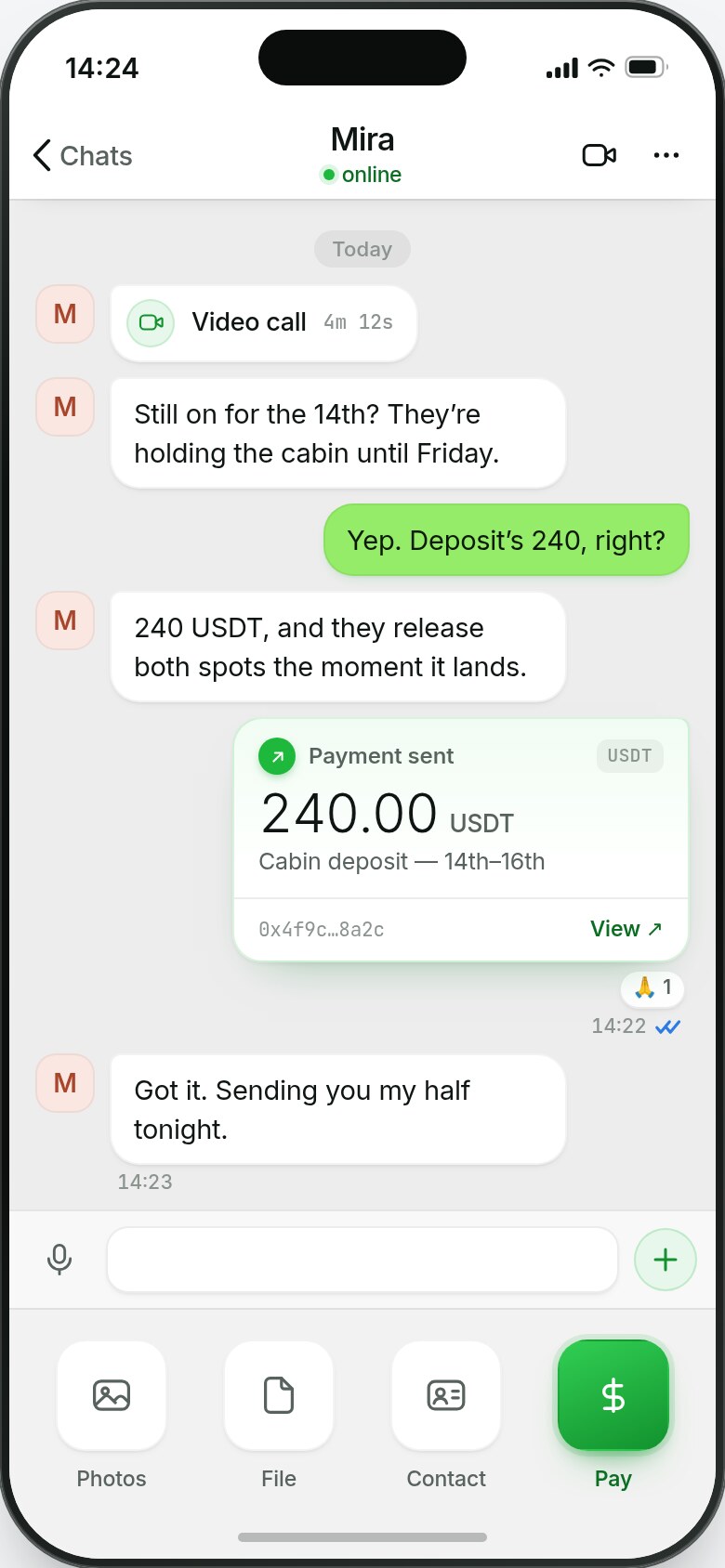 Sending 240 USDT inside a Zooid conversation, with the receipt appearing in the thread.
