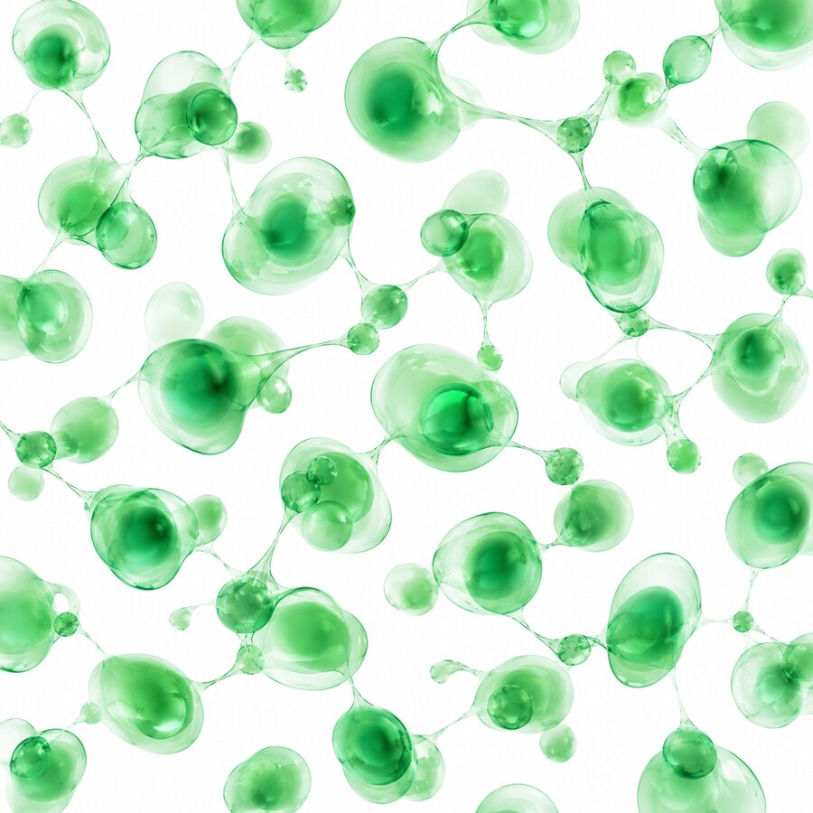 An even spread of translucent green cells joined by filaments, with none at the centre.
