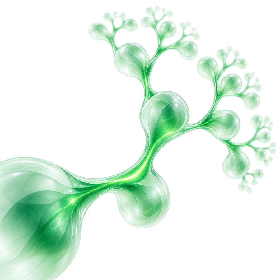 A green form branching into two, then four, then eight, one brighter path running through.