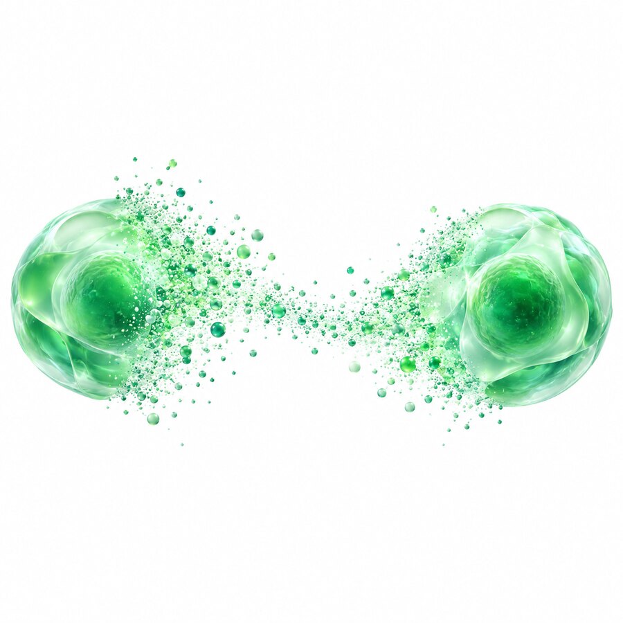 One green cell dissolving into particles that reassemble whole alongside it.