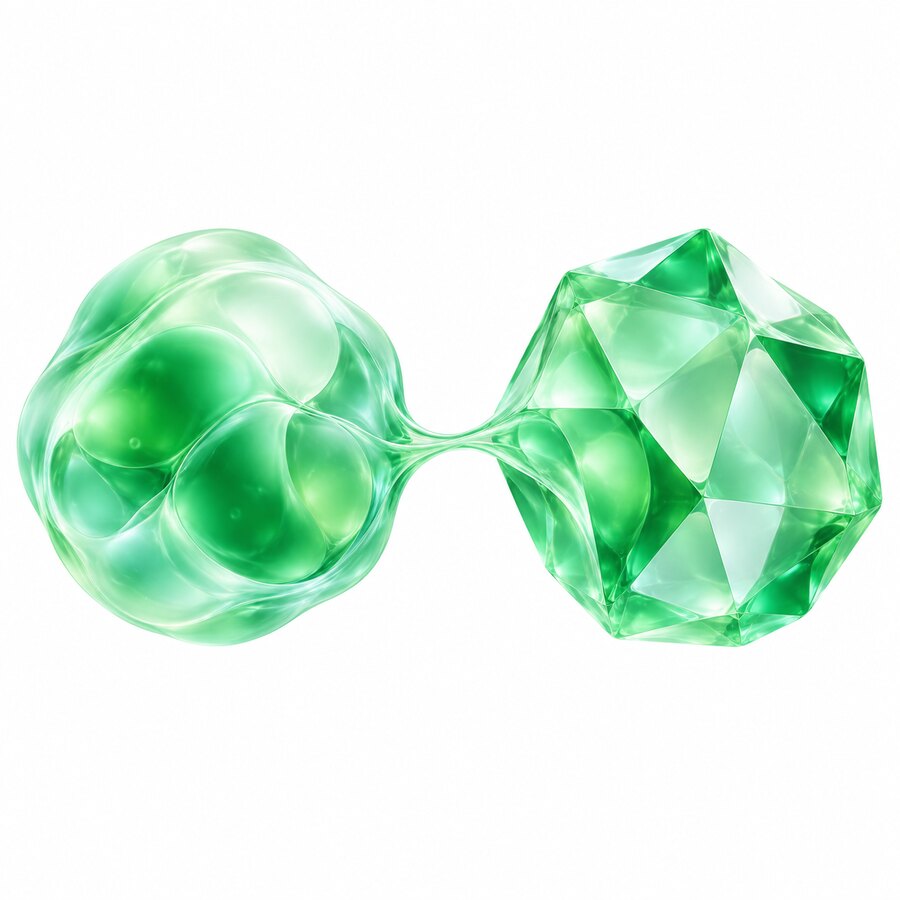 A soft organic cell beside a crystalline form of the same size, joined by a filament.